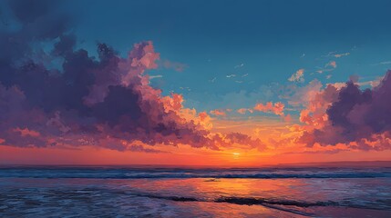 Fototapeta premium Vivid sunset colors paint the ocean and clouds in a stunning seascape illustration.