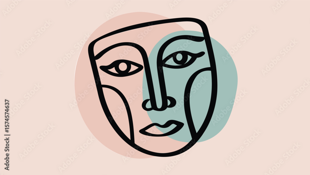 Aufkleber abstract face line art with peach and teal circles in the background in a modern style design