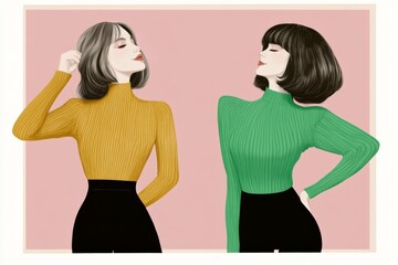 Two stylish young caucasian women in colorful sweaters against pink background