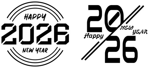 Fototapeta premium 2026 Happy New Year logo text design. Collection of 2026 Happy New Year symbols. Vector illustration with black labels isolated on white background
