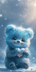 funny chubby fluffy bear, beautiful smile, big eyes in love, color harmony, big bright silver heart next to it, love romantic postcard 