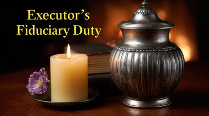 A lit candle, a flower, a book, and an ornate urn on a wooden surface with the text "Executor's Fiduciary Duty" in yellow.