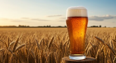 Glass of beer on the background of wheat, photo for beer advertising