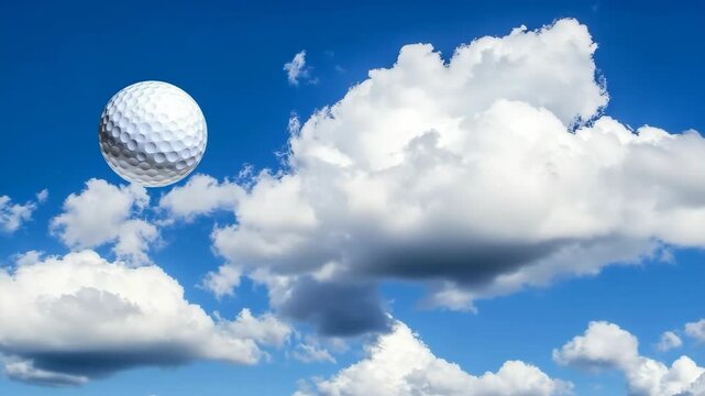 A golf ball is flying through the air above a cloudy sky. The sky is blue with white clouds
