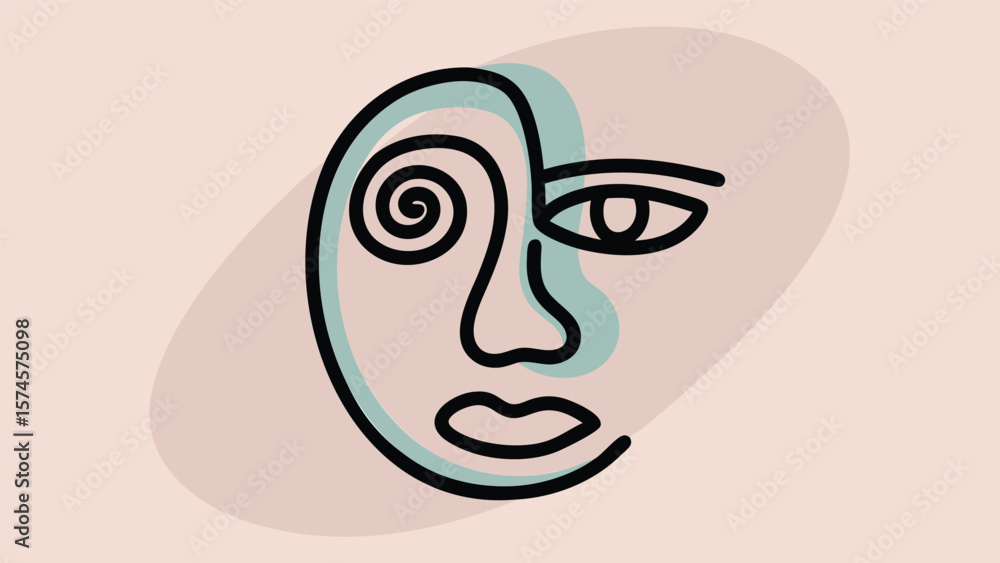Poster abstract face line art with spiral eye and simple features on a pastel background design style