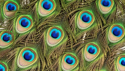Vibrant Peacock Feathers Close Up Texture Background.