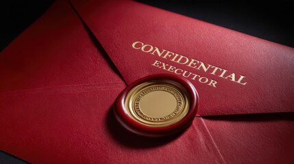 Fiduciary Duty Concepts. A sealed red envelope marked "CONFIDENTIAL EXECUTOR" with a golden wax seal, symbolizing privacy and official legal matters.