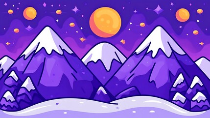 A stylized illustration of snowy mountains under a night sky with celestial bodies.