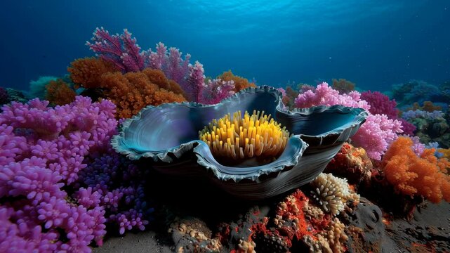 Vibrant underwater scene showcasing colorful coral reef with soft corals, large clam shell featuring yellow and purple interior, highlighting oceanic