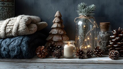 Cozy winter still life featuring knitwear, pinecones, and a glowing candle creates a warm and inviting atmosphere.