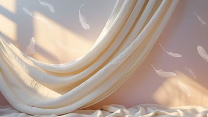 "Light flowing through a sheer linen curtain casting soft wavy shadows on a pastel wall, golden hour sunlight, clean composition, dreamy aesthetic, plenty of white space for text or branding"

