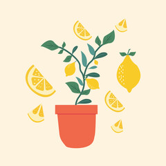 Potted Lemon Plant Illustration – Fresh Citrus Art with Lemon Slices"