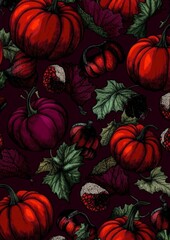 Vibrant autumn harvest theme with red and purple pumpkins on dark background