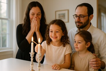 Jewish family lighting Shabbat candles at home