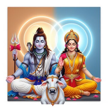 Shiv Parvati with Nandi and Aura &ndash; Square Spiritual Design (1:1)