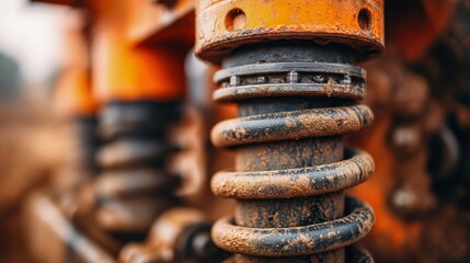 Close-up shot of a heavily used and weathered mechanical spring, covered in mud, showing signs of hard work and wear.