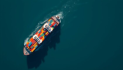 High-angle view of a large cargo ship sailing across a deep blue ocean.