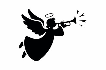 Silhouette of an angel playing a trumpet.