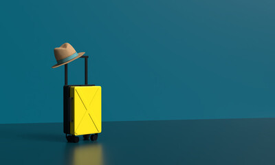 Travel trip tourism tourist suitcase luggage baggage hat cap plan journey adventure copy space...