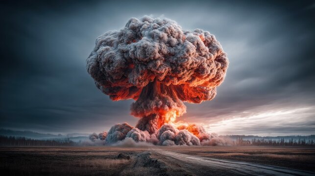 A powerful image of an atomic bomb explosion, featuring a mushroom cloud over a vast landscape with a road.