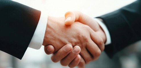 Close-up of two business partners shaking hands, symbolizing agreement and partnership.