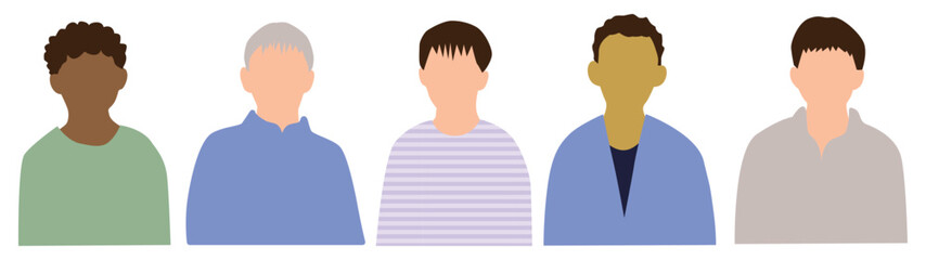 いろんな国の若い男性たち正面上半身アイコンセット5人_表情無