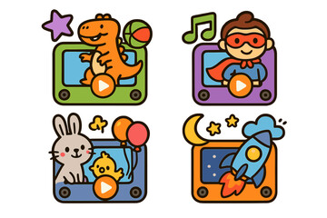 Colorful cartoon characters engaging in playful activities with imaginative scenes for children