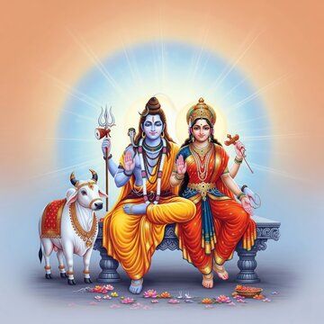 Shiv Parvati with Nandi and Aura &ndash; Square Spiritual Design (1:1)