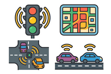 Traffic management system showing signal lights, road map, and vehicle navigation technology in an urban setting