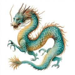 Fototapeta premium A single watercolor vivid jade dragon with brown tones
