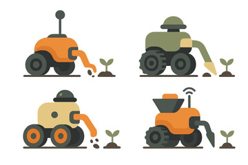 Colorful robotic machines planting seeds in a modern agricultural landscape during daytime