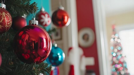 Christmas ornaments on a decorated tree.