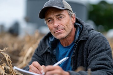 A thoughtful man sits in a field, writing notes while surrounded by dried corn stalks, embodying the dedication and hard work of agricultural life.