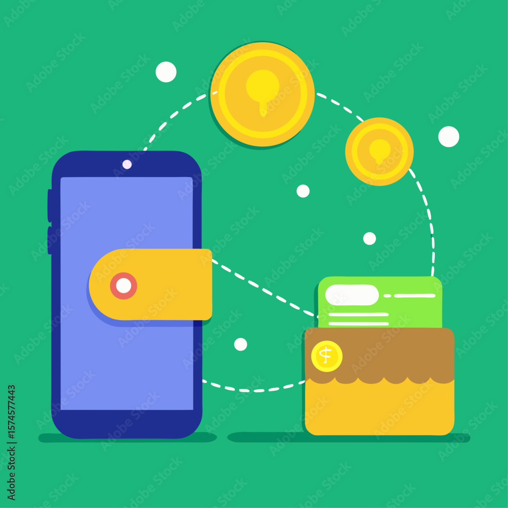 Poster a phone and a wallet are shown with a coin in the middle. the wallet is open and the phone is showin