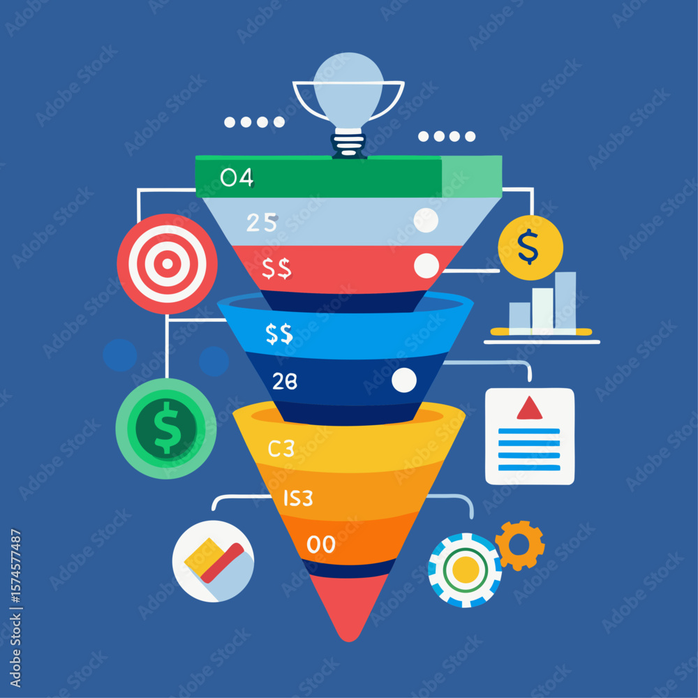 Poster a funnel with different colored sections and a dollar sign in the middle. the funnel is labeled with