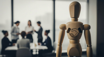 Wooden Figure Symbolizing Business Agreement And Partnership