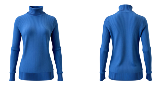 Blank long sleeve turtleneck sweater front and back mockup, Blue women's turtleneck sweater isolated on transparent background