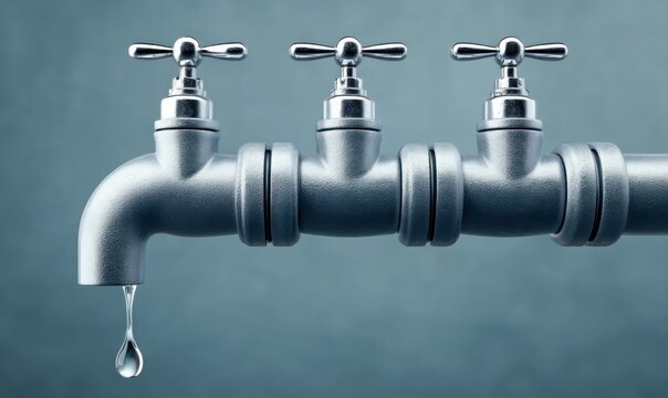 A close-up shot captures a metallic plumbing system with three taps, one of which drips water, symbolizing water conservation and resources.
