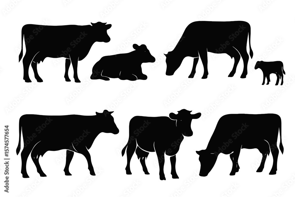 Poster various silhouettes of cows and calves appearing in different poses and sizes on a simple background
