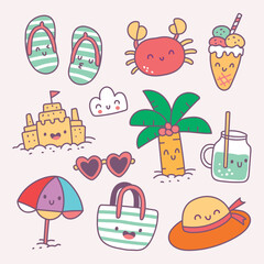 Cute hand-drawn summer icons featuring food, animals, beach items, and drinks. Great for children’s books, summer labels, and merchandise.