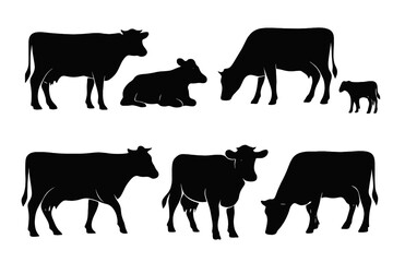 Various silhouettes of cows and calves appearing in different poses and sizes on a simple background