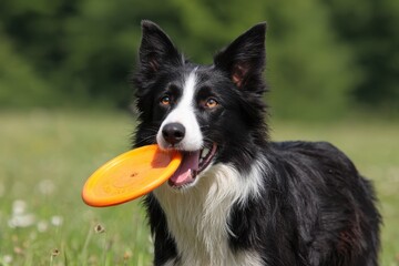 Dog And Frisbee. Border Collie Playing Fetch in the Green Grass Park