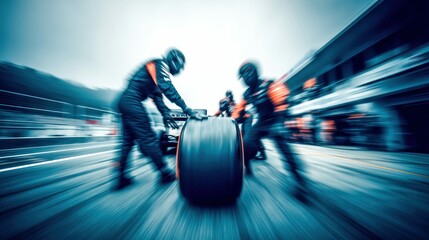 Obraz premium Action shot of a Formula 1 pit crew during a tire change, emphasizing speed and teamwork.