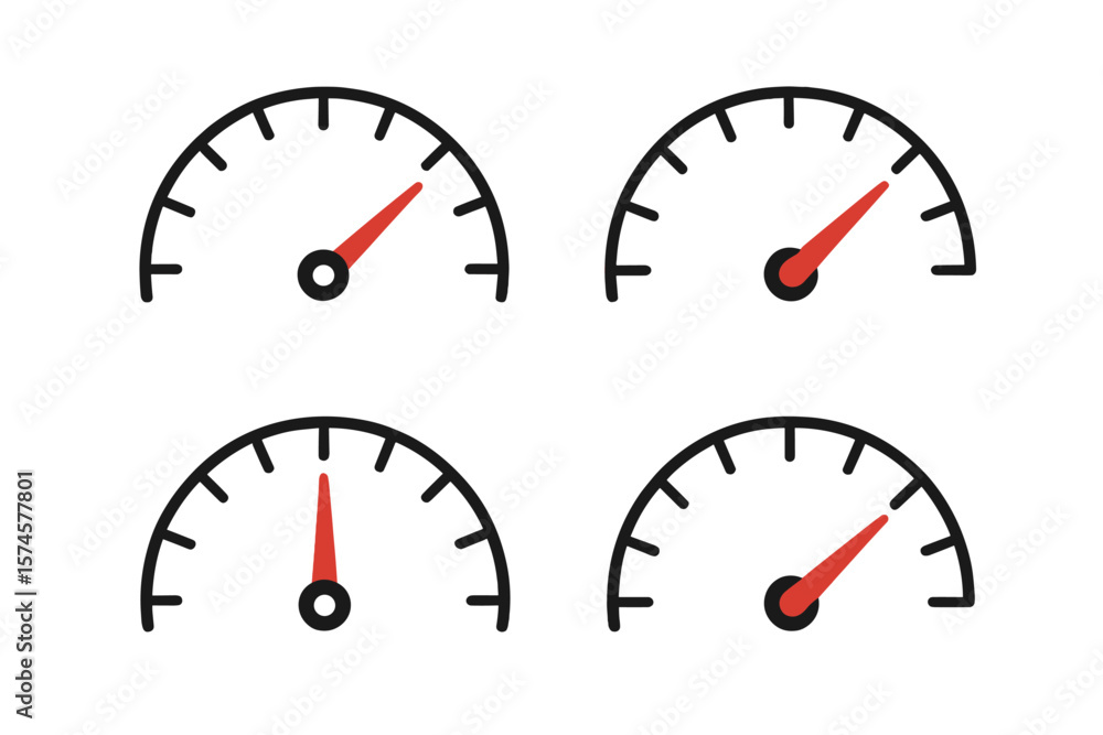 Poster speed gauge indicators displayed in four quadrants showing varying metrics on a simple white backgro