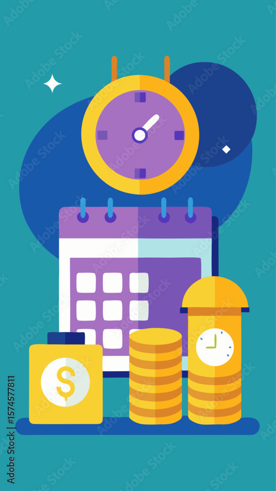 Poster a calendar with a clock and a stack of coins on it. the coins are arranged in a pyramid shape, with 