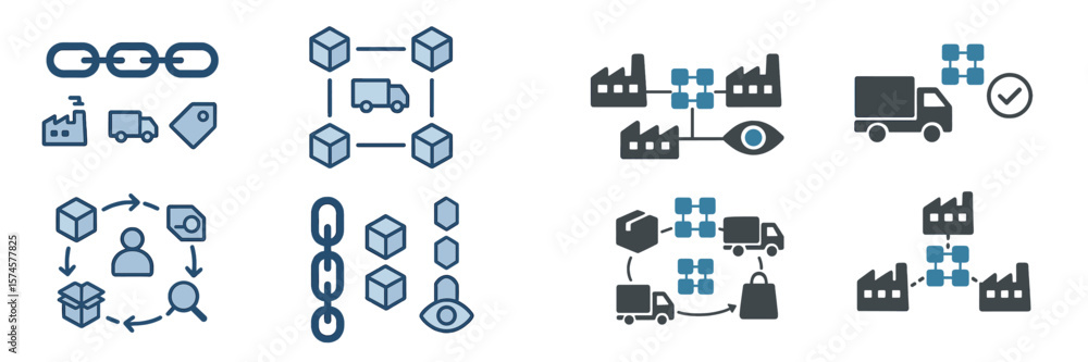 Poster concepts illustrating supply chain processes and logistics management through various diagrams and s