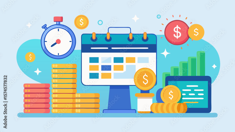Poster a calendar with a clock and a stack of coins on it. the coins are arranged in a pyramid shape, with 
