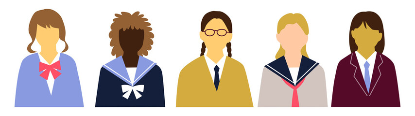 いろんな国の女子学生たち制服正面上半身アイコンセット5人_表情無