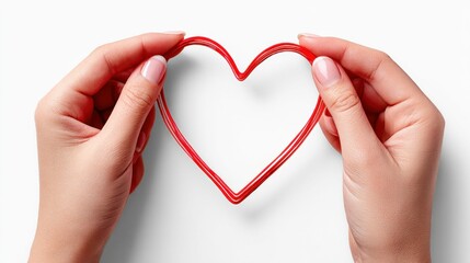 Obraz premium A person holds a red heart-shaped object with their hands against a white background, symbolizing love and care.