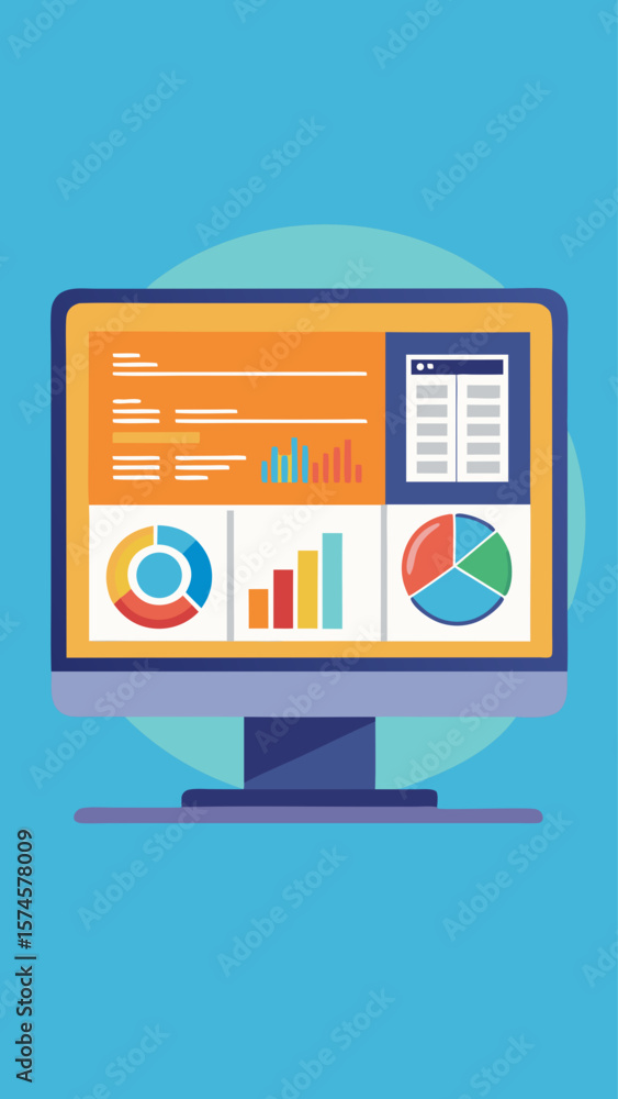 Poster a computer monitor with a colorful background and a lot of graphs and charts. the background is blue
